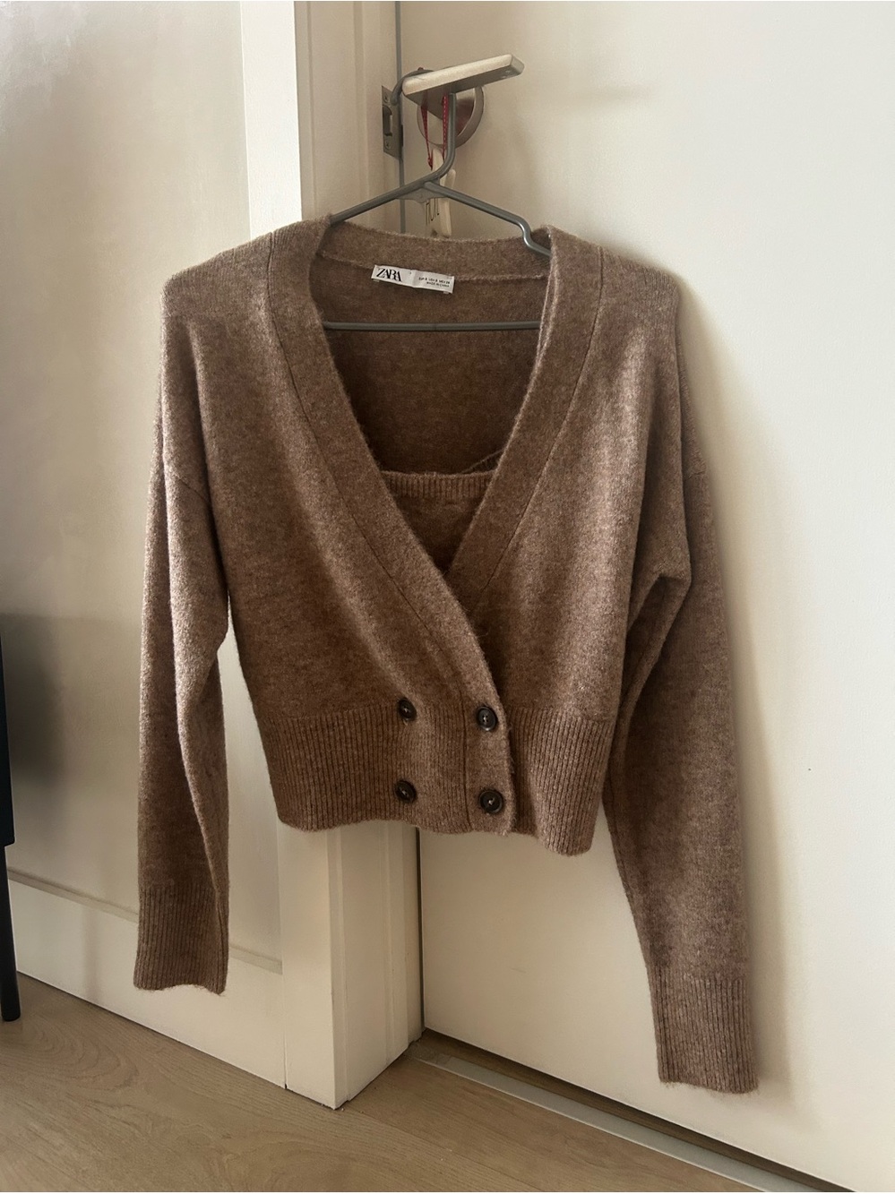 Zara Taupe Double-Button V-Neck Cropped Cardigan, with bralette